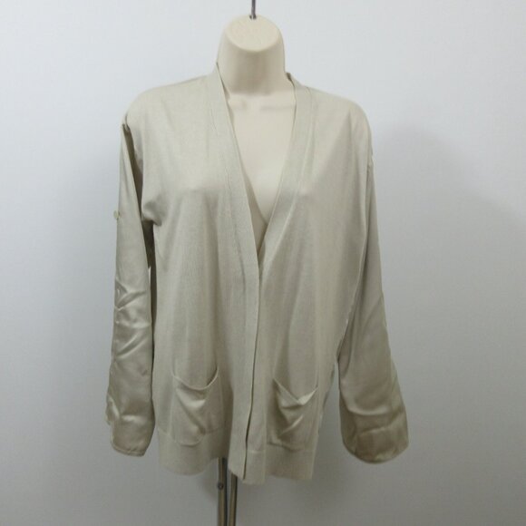 Ann Taylor Cardigan Small Beige Button-Up Roll-Tab Sleeves Knit Silky Cashmere - Picture 4 of 10